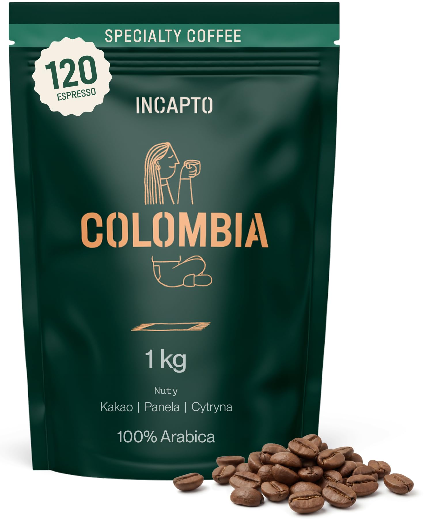 Incapto Kawa ziarnista Specialty 1 kg | Pochodzenie: Kolumbia | 100% Arabica | Kawa segmentu Specialty (84 punkty SCA) | Naturalny, rzemieślniczy proces palenia | Huila Estate, Cadefihuila