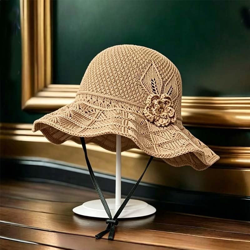 Women's Crochet Bucket Hat with Flower Accent Wide Brim Beach Floppy Cap Portable Foldable for Summer Holiday