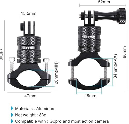 Miniatura 3 de SUREWO Soporte de bicicleta para GoPro Hero 12/11/10/9/8/7/6/5 Negro, GoPro Max, cámara de aluminio para bicicleta, soporte para manillar de