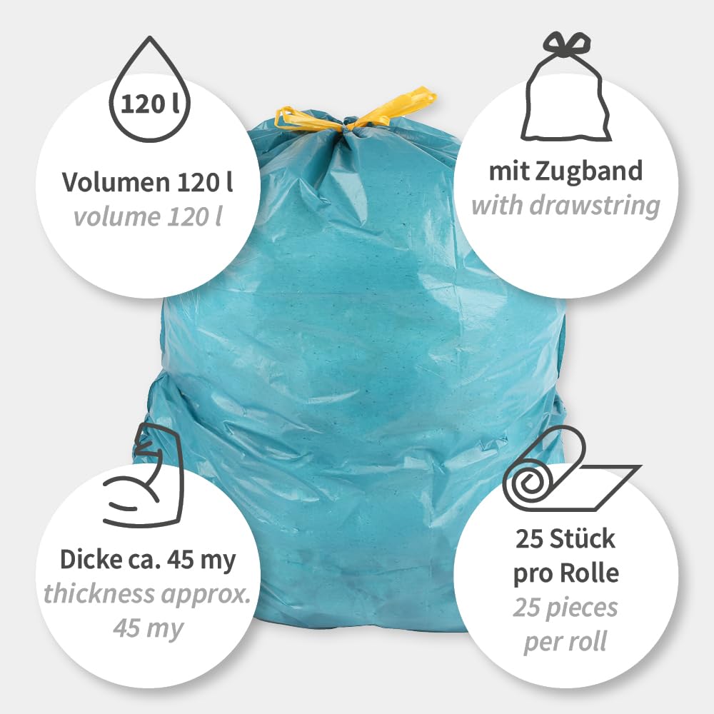 Franz Mensch 75 bolsas de basura de 120 l con cordón, LDPE, azul, resistentes a la rotura, rollo, eliminación de residuos, aprox. 45 my
