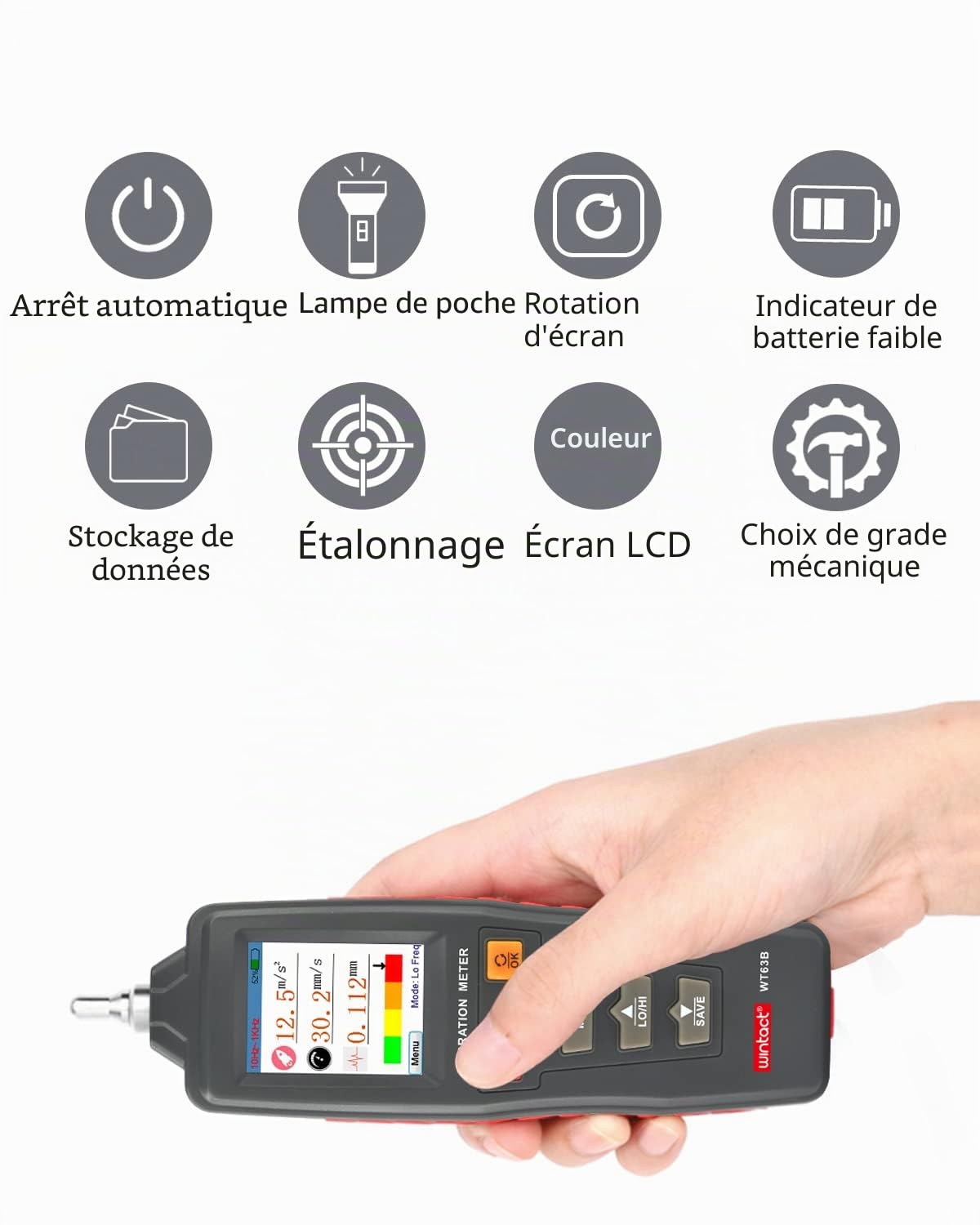 Wintact Testeur de vibration mécanique numérique portable, 0,01 ~ 199,9 mm/s, analyseur de vibrations mécanique, jauge de testeur, accélération, vitesse, mesure de déplacement pour CVC, moteurs,