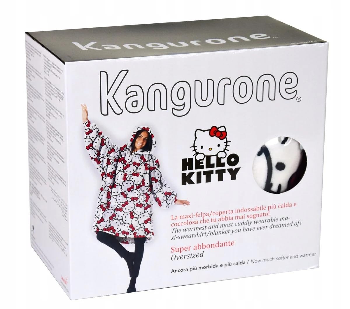 Kanguru, Felpa Coperta Donna con cappuccio, Hello Kitty Hoodie Oversize, plaid con maniche indossabile, idea regalo donna Natale o Compleanno, in pile 100% Microfibra, 85x75 cm vestibilità larga