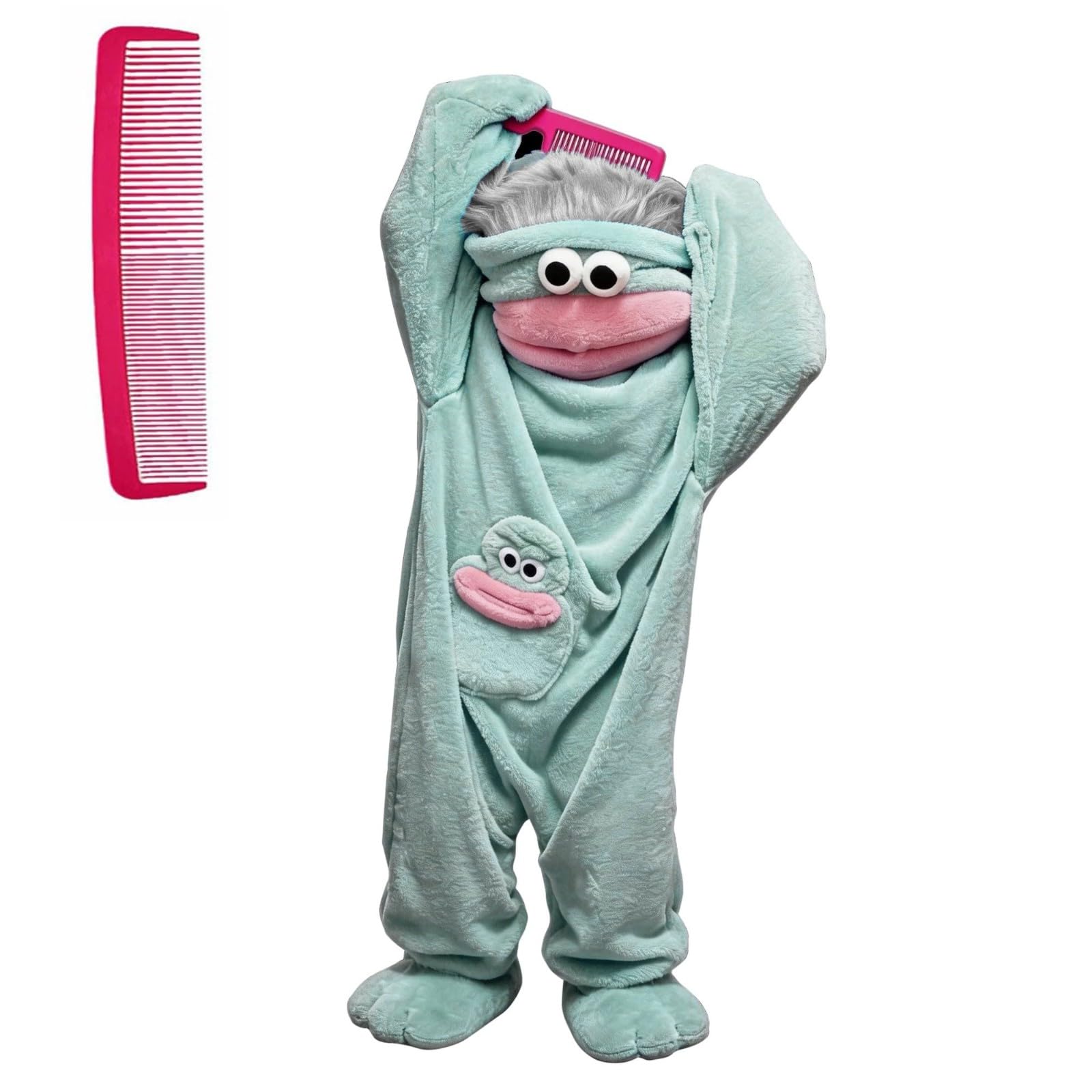 Funny Monster Onesie Silly Big Mouth Onesie Halloween Costumes Soft Cozy Fancy Dress Outfit Hooded One-Piece Pajamas Long Sleeves Loungewear for Adults (02-4-Sky Blue, L)