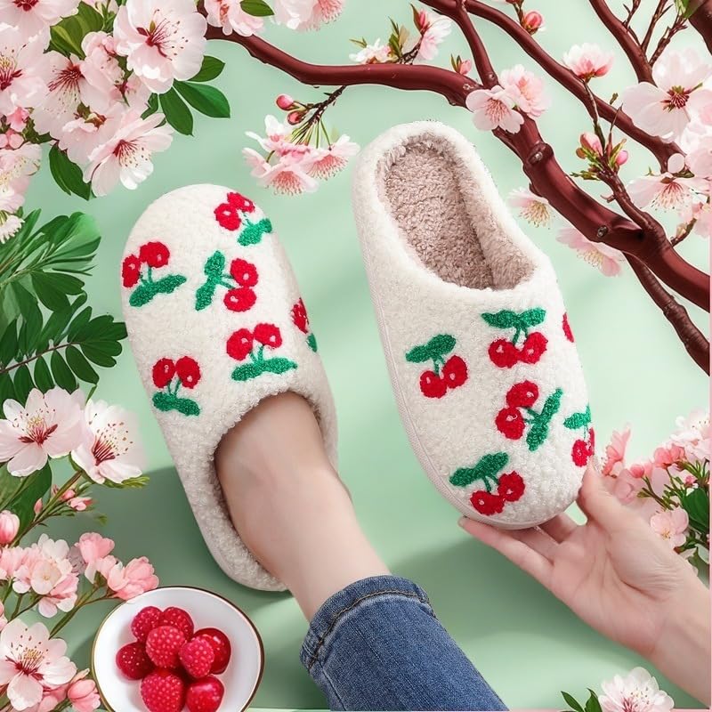 Cherry Slippers for Women Slip on Comfy Fuzzy Cute Kawaii Fashion Trendy Sandals Gifts House Anime for Teens Non Slip Bedroom Shoes Winter Outdoors Indoors2