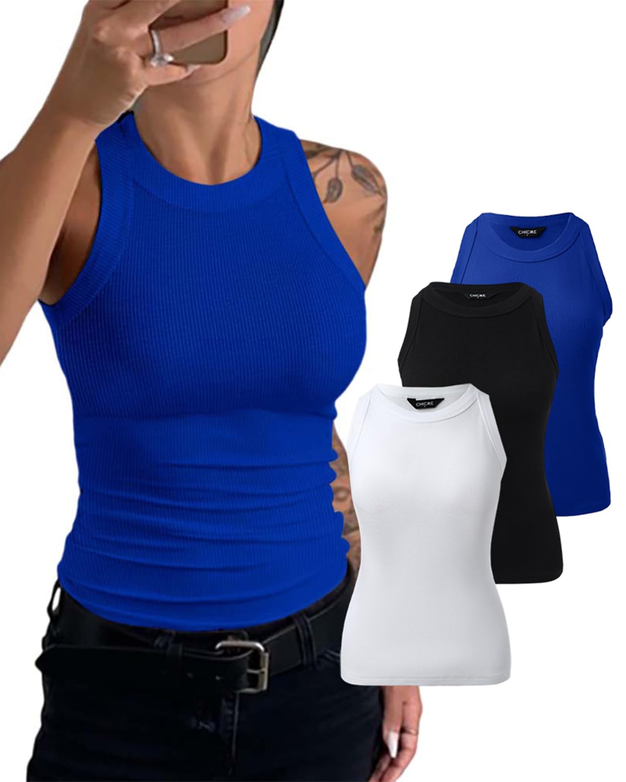 CHICME 3 Piece Womens Tank Tops Sleeveless Basic Cami Shirt Slim Knit Ribbed Racerback Blouses