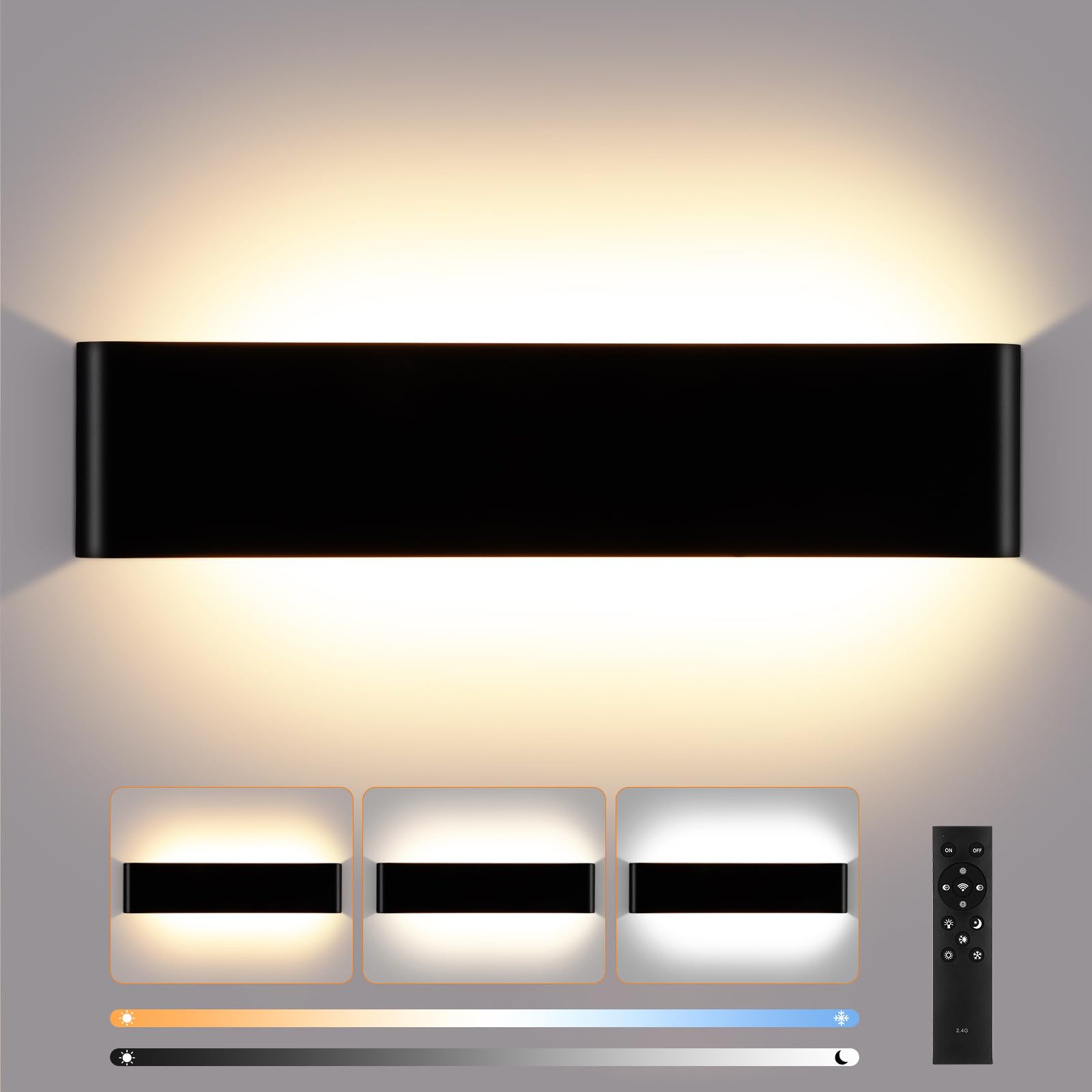 ENCOFT 18W 40cm Wandleuchte Innen Dimmbar Wandlampe mit Fernbedienung Dimmbare LED Modern Up Down Licht Wandbeleuchtung Schwarz IP44 für Wohnzimmer Schlafzimmer Flur Treppen usw aus Aluminium