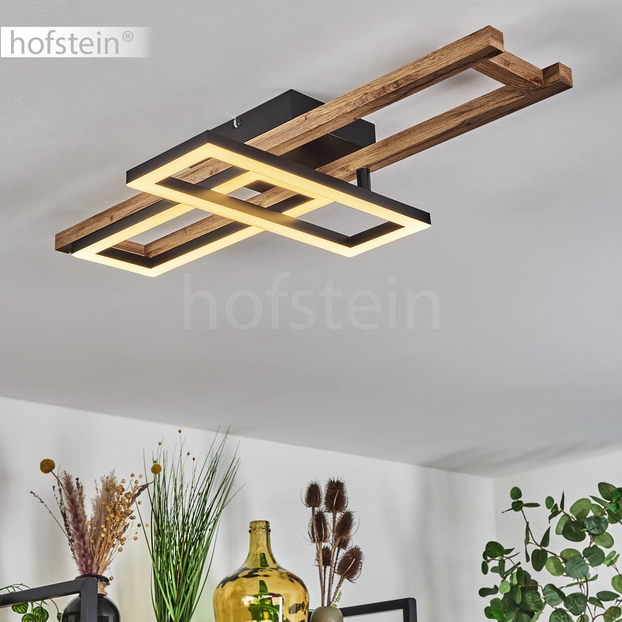 Lampa sufitowa LED Ayajasco, lampa sufitowa wykonana z metalu/drewna w kolorze czarnym/naturalnym/białym, 850 lumenów, 3000 K, 1 x LED 20 W (w zestawie), regulowana lampa z drewnianą ramą