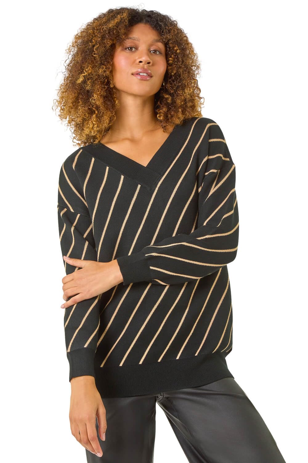 Roman Originals Women's Black Gold Grid Pattern V-Neck Knit Jumper For Uk - Everyday Autumn Winter Round Neckline Comfy Soft Evening Vacation Work Party Night Out - Size 14