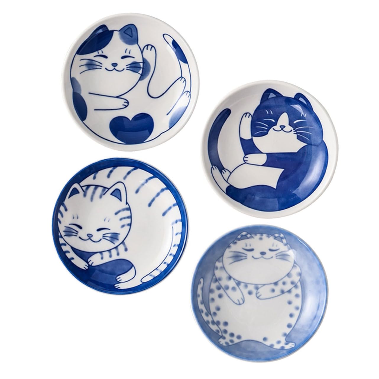SOLUSTRE 4Pcs Ceramic Sauce Dishes with Cute Cat Pattern Japanese Style Seasoning Plates for Condiments Appetizers and Snacks for Family Gatherings and Parties