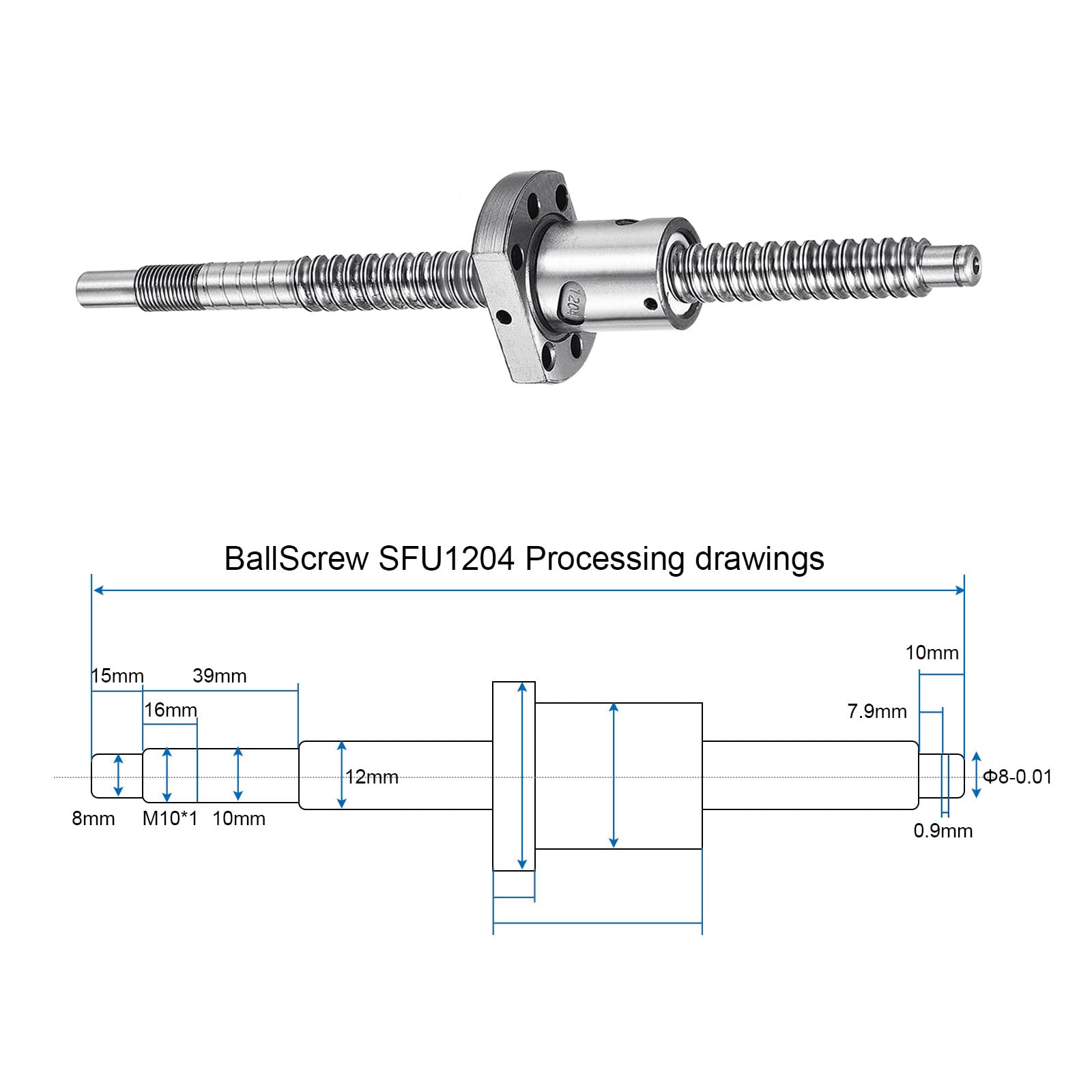 QUARKZMAN Vis à billes SFU1204 (Diamètre 12mm, Pas 4mm, Longueur 200mm) avec écrou de vis à billes Kit de vis à billes anti-jeu standard Usinage d'extrémité pour pièces de machine CNC