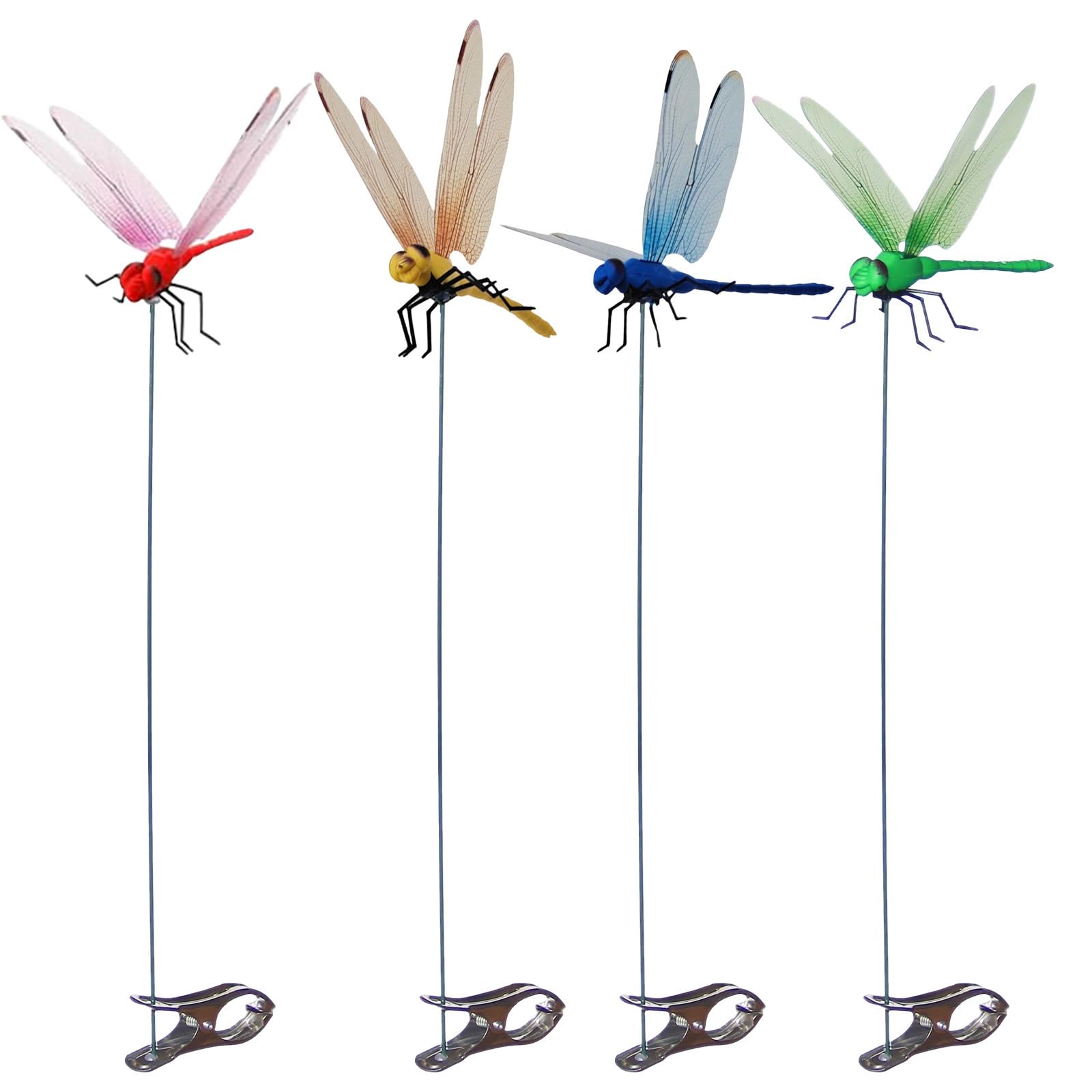 Pack of 4 Dragonfly Clips for Garden and Balcony, 3D Dummy Dragonfly with Span 12 cm, Fake Dragonfly as Horse Fly Repellent with Clip for Outdoor, Artificial Garden Dragonfly Decoration