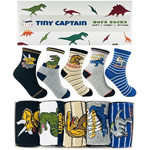 Tiny Captain Boy Dinosaur Socks 4-7 Year Old Boys Crew Cotton Sock Age 5 Gift (Medium, Green) Cover