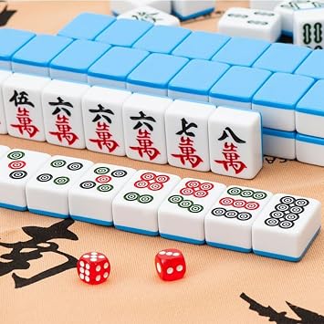 Mahjong Beginner Set with Dice, Mahjong Game, Table Game, 144 Pieces Mahjong Tiles and Scoring Stick Portable Mahjong Set for Travel and Home Tabletop Games Cas Premium 30#, Sky Blue