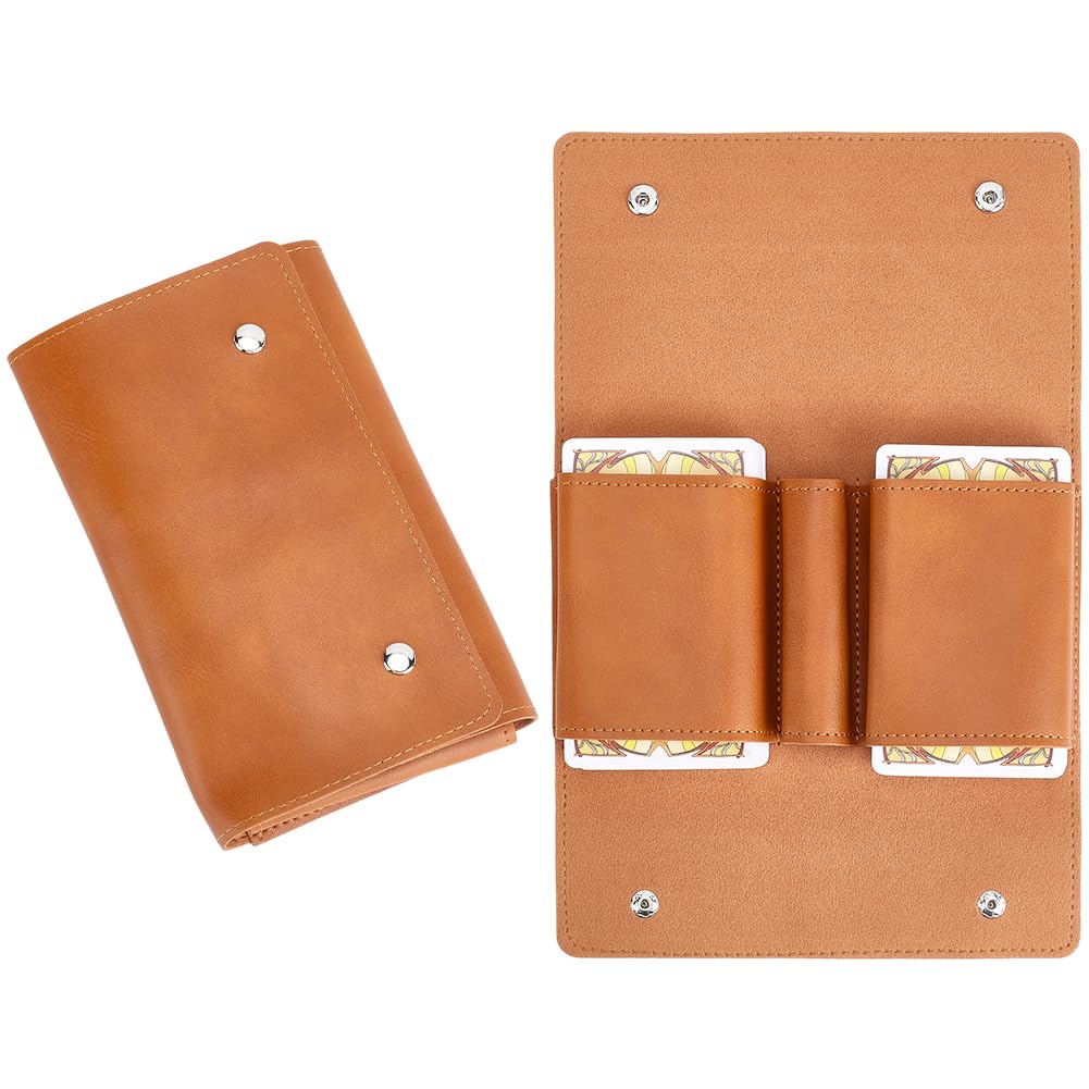 CALFOVERA 2 Decks PU Leather Playing Card Case with Snap Button Multipurpose Compatible Leather Playing Card Holder Protector Box Pouch for Poker Bridge Board Games Travel Accessory(Peru)