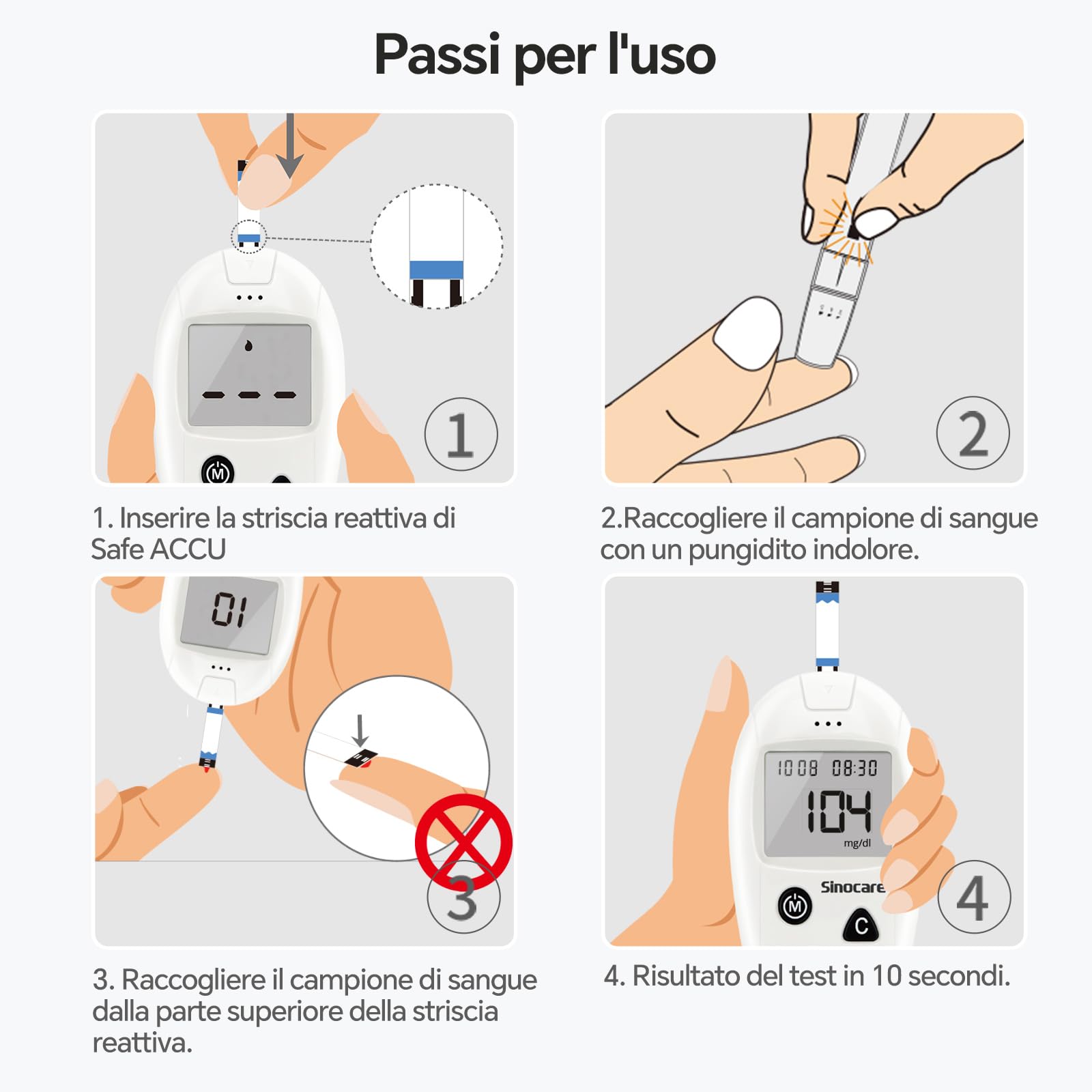 Sinocare Glucometro Misuratore Glicemia nel Sangue, Kit Test Rapido di Zucchero nel Sangue con 50 Strisce Glicemia Reattive per Glucosio - mg/dL (Safe Accu)