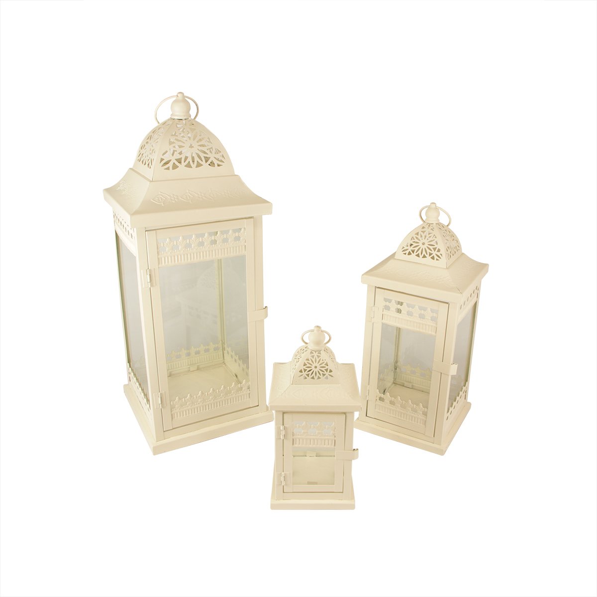 Christmas Central Set of 3 Cream Garden Getaway Ornate Pillar Candle Holder Lanterns 20.5