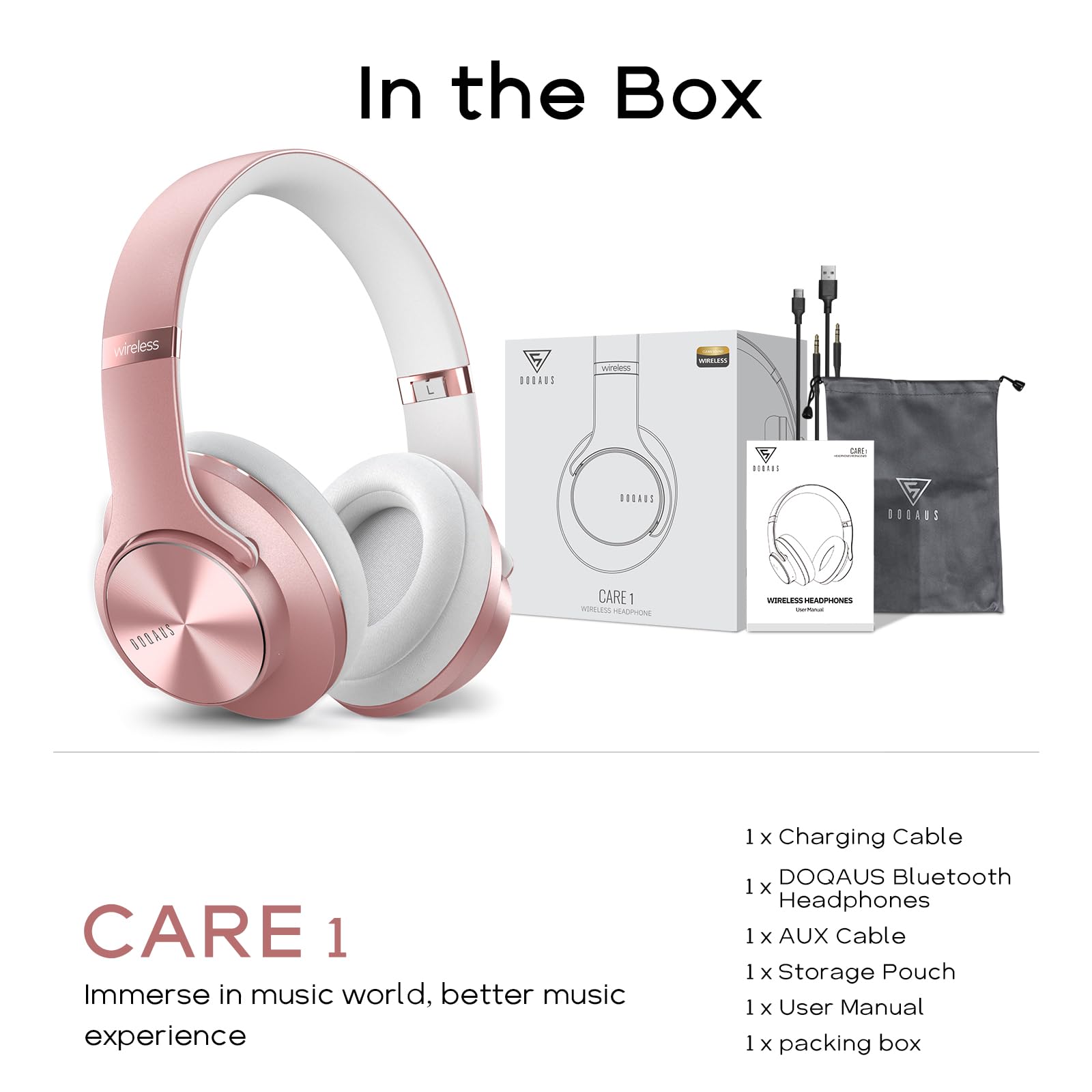 DOQAUS Bluetooth Headphones Over Ear, 90 Hrs Playtime, Wireless Headphones with 3 EQ Modes, Foldable Hi-Fi Stereo Bass Headphones, Soft Over Ear Headphones, Wired Mode, Built-in Mic for Phone/PC(Gold)