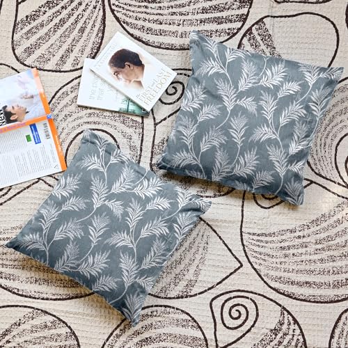 Image of Divine Casa Cushion Covers Set of 5 Zinc Grey | 16x16 Inch Jacquard Designer Sofa Cushion Covers | Modern Decorative Leaf Pattern Throw Pillow Covers