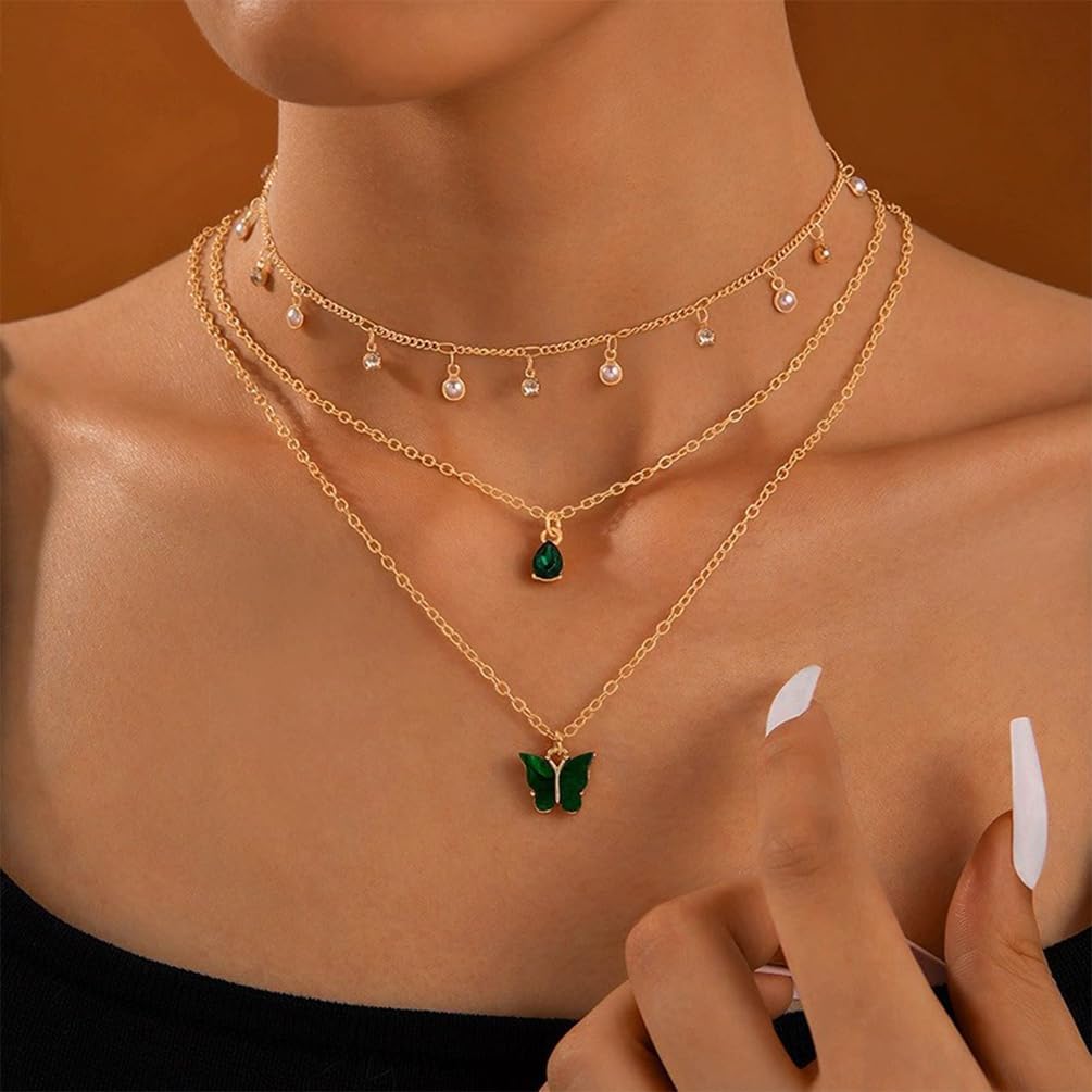 Charm Layered Green Crystal Butterfly Waterdrop Pendant Necklaces for Women, Dainty Boho Small Beads Tassel Choker Necklace Party Costume Jewelry Gift - Image 3