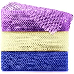 3 Pieces African Bath Sponge African Net Long Net Bath Sponge Exfoliating Shower Body Scrubber Back Scrubber Skin Smoother,Great for Daily Use (Purple,Blue,Off-White)