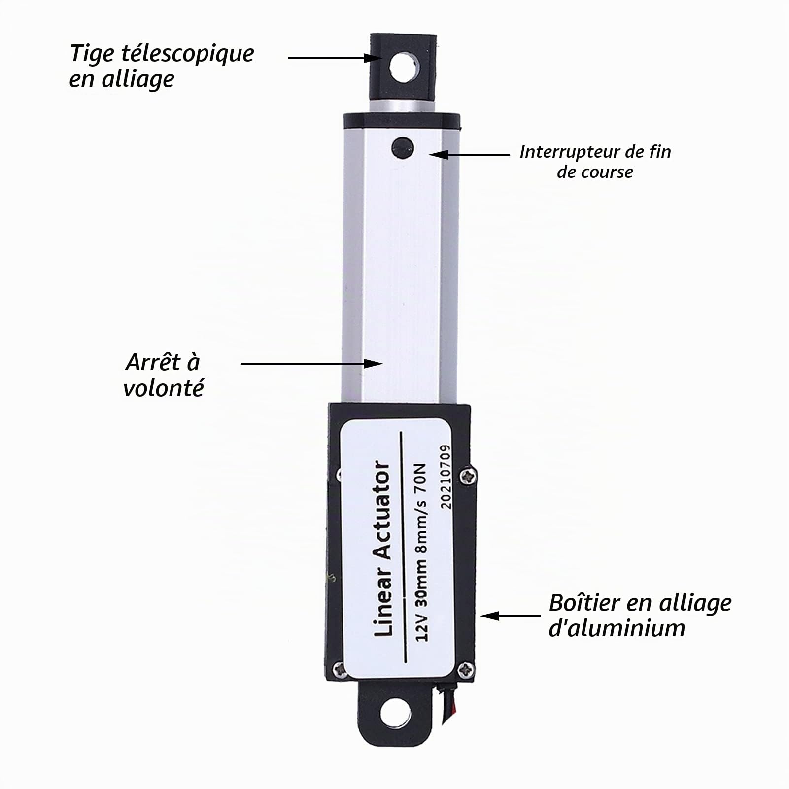 DC12 V Actionneur Linéaire Mini Actionneur Linéaire Électrique Course de 30mm Annulation de Bruit Étanche (Course 30mm-8mm/s-70N)