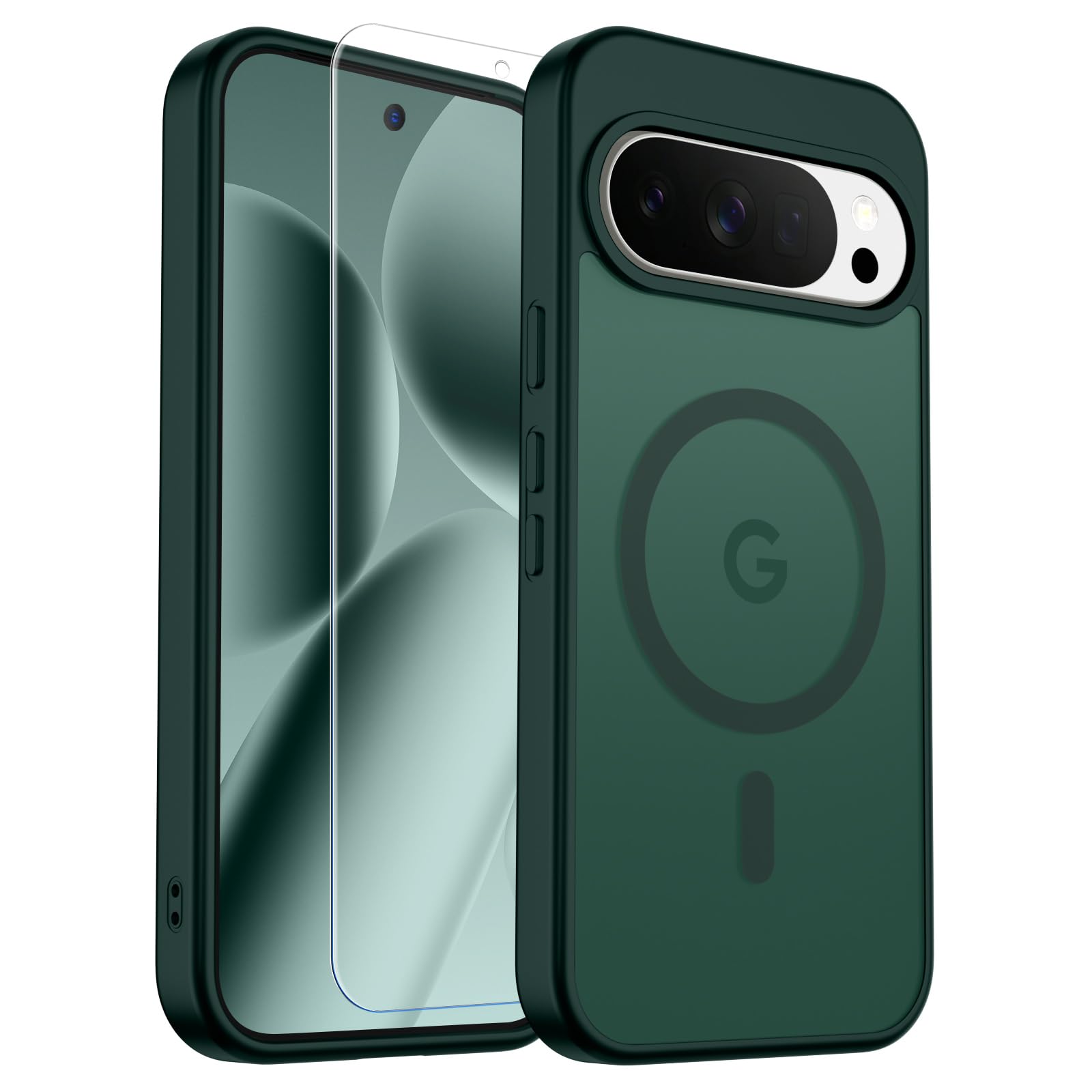 SUPFINE Magnetic for Google Pixel 10 Pro XL Case with Screen Protector, (Built-in Magnets) ((Military Grade Drop Protection) Slim Translucent Shockproof Phone Case,Forest Green