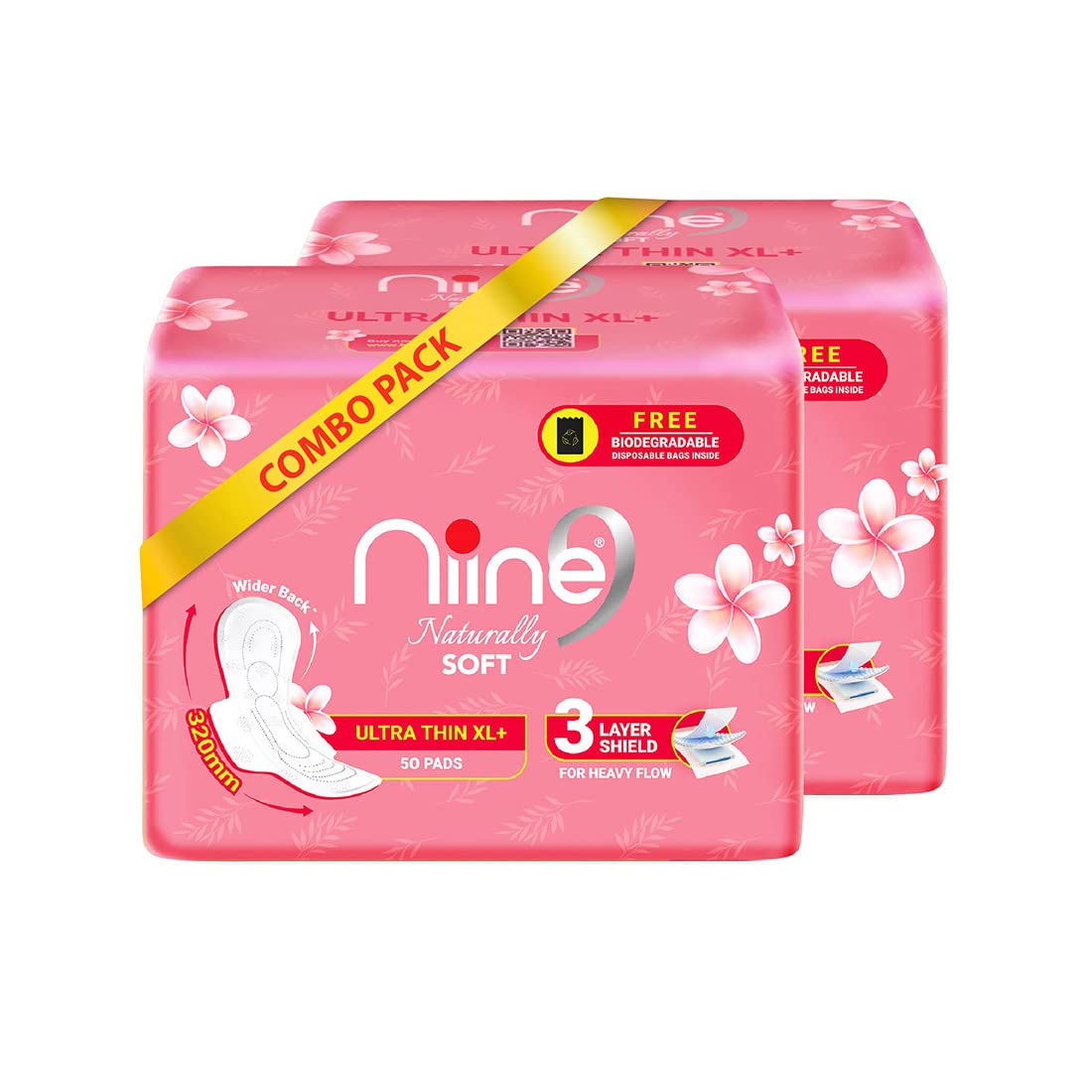 NIINE Naturally Soft Ultra Thin XL+ Sanitary Napkins for Heavy Flow (Pack of 2) 100 Pads with Free Biodegradable Disposal Bags (B0B1B15JLG) Amazon Price History, Amazon Price Tracker