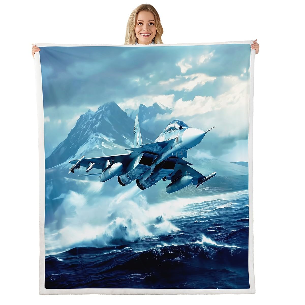 Couverture de lit en peluche pour garçons et filles plaid chaud motif avion de chasse géant