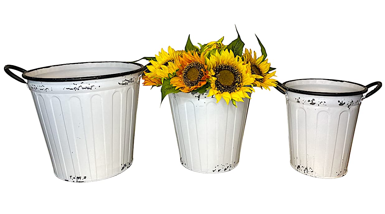 STC World Metal Galvanized Buckets White Distressed Containers Decorative Rustic Kitchen Pantry Bathroom Garden Planter Organizer (Set of 3)