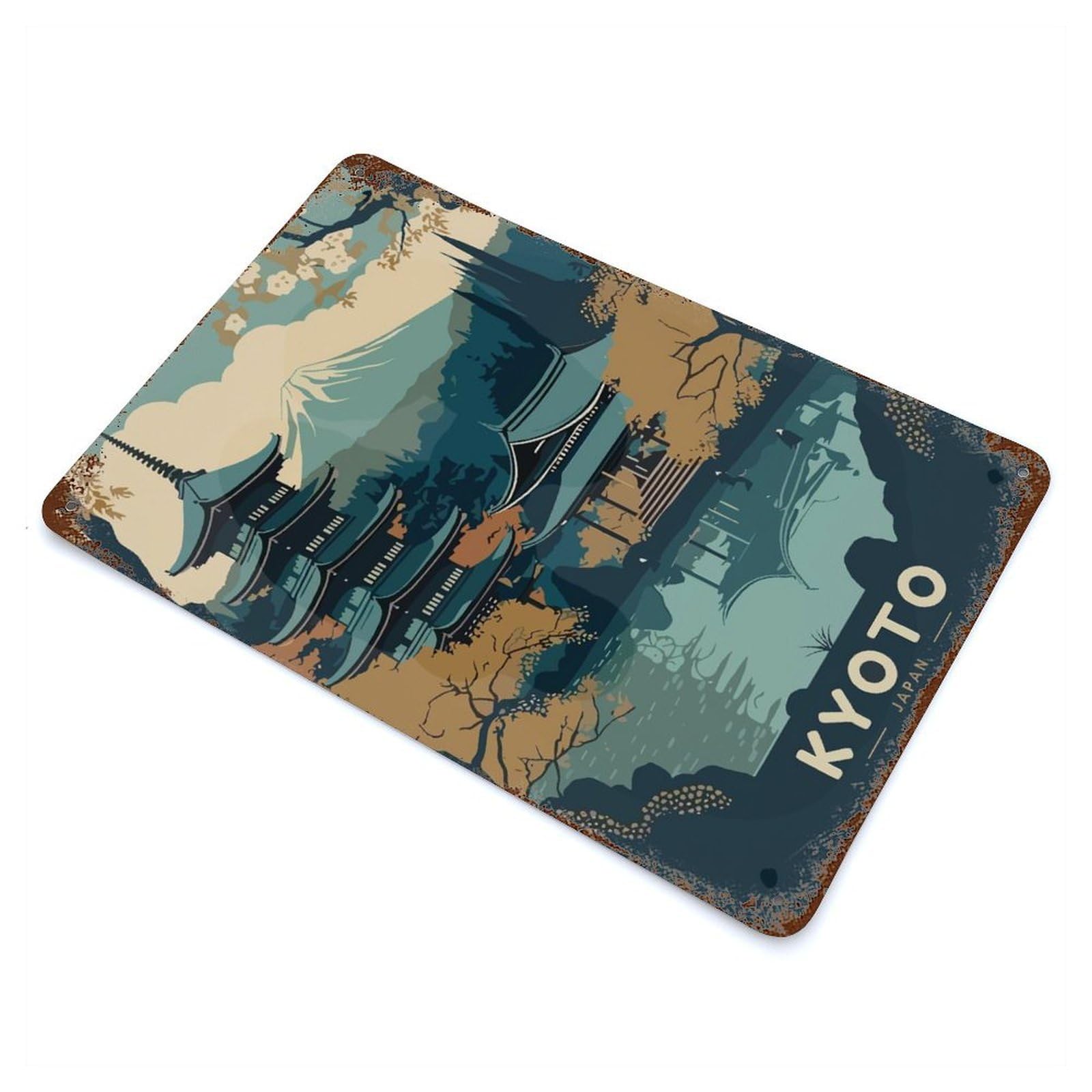 Aged Metal Wall Plaque with Kyoto Japan Landscape Design 11.8"x7.9", for Garage, Bar And Workshop Decor, Rustic Home Decor