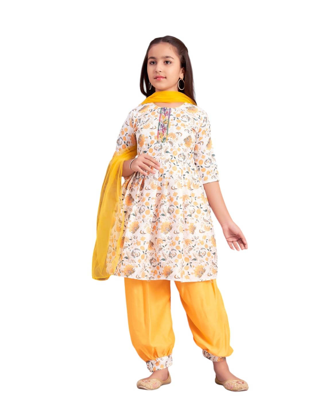 Aarika Girls Ethnic Wear Yellow-White Colour Floral Print Beads Work Polycrepe Kurti Patiala Set With Dupatta-3-13 Years (Pt-Shm-5006)