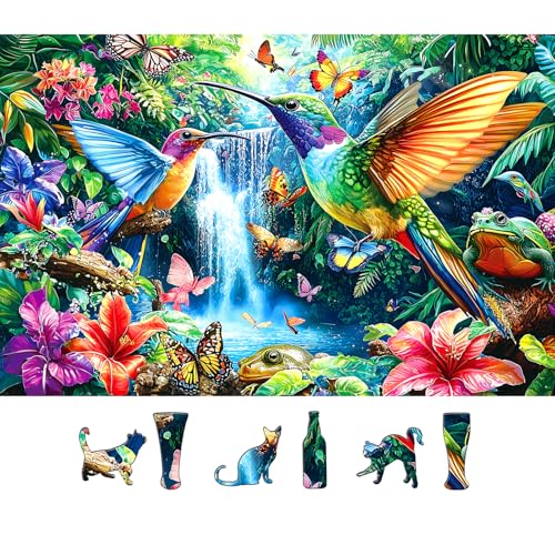 Image of Tropical Birds Flowers 500 Piece Jigsaw Puzzle for Adults Hummingbird Waterfall Scene with Butterflies & Flowers Nature Puzzle Fun Adult Family Relaxing Activity Seniors - 23x15 Inch