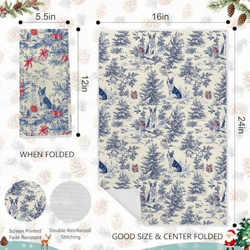 Image of Christmas Blue Boston Terrier Kitchen Towels Set 2,Vintage Dog Lover Gifts Dish Tea Towels for Kitchen, French Chinoiserie Holiday Decorative Hand Towel for Bathroom, 16x24 Inch