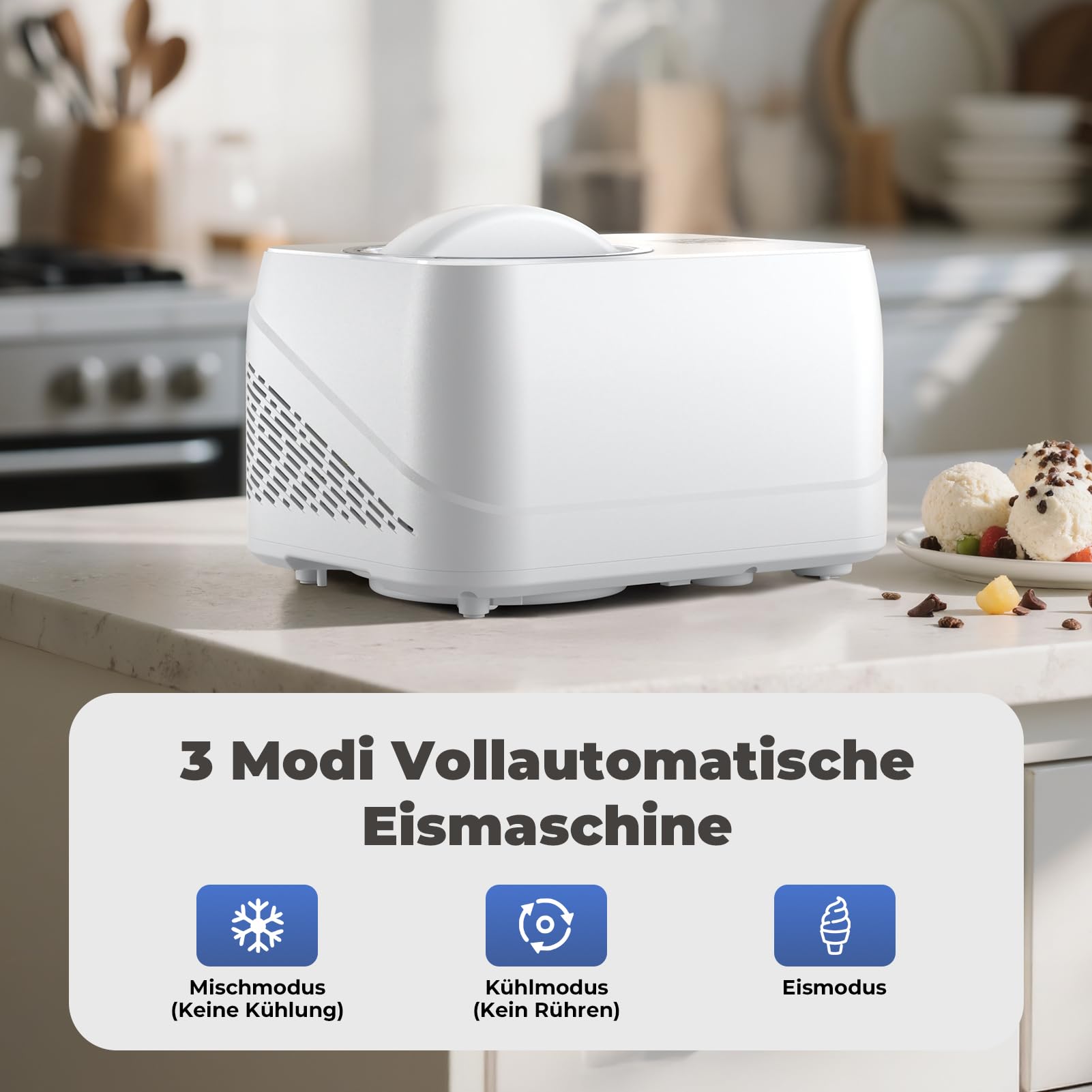 Eismaschine mit Kompressor 1L, Selbstkühlend, Entnehmbarer Eisbehälter, Weiß