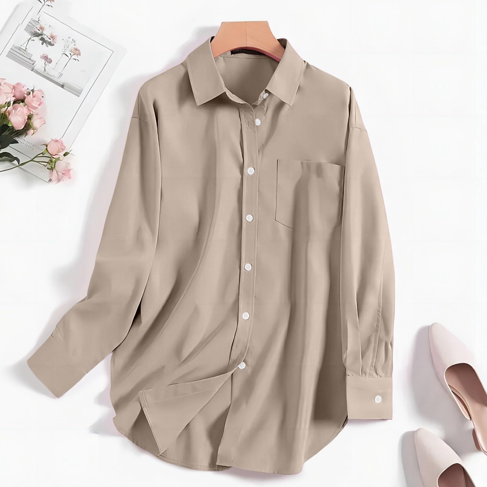 Élégant chemisier à manches longues avec col rabattable, couleur unie, coupe surdimensionnée avec ourlet fendu, chemise de travail décontractée pour les loisirs.