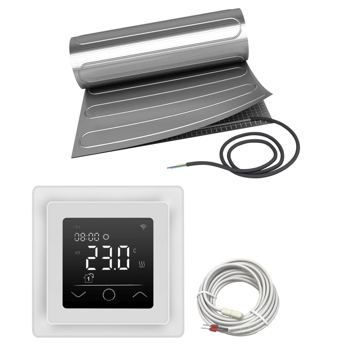 Elektrische Fußbodenheizung HoWaTech ALU für Laminat Parkett Vinyl Komplett Set TWIN Heizmatte 150 W/m² Touch Thermostat weiß, Heizfläche:7.00m²