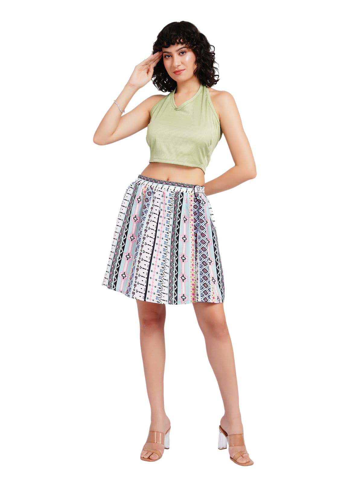 SNITCH Womenâ€™s White Printed Flared Mini Skirt in white