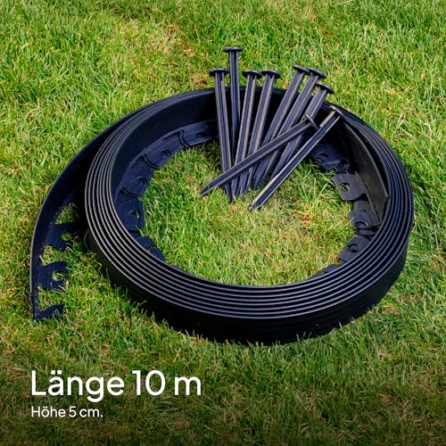 Flexible Rasenkante Kunststoff (10 m, schwarz) mit 30 Erdanker - Höhe 50 mm - Unsichtbare Raseneinfassung aus recyceltem Plastik - Leicht zu verarbeiten