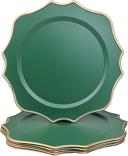 Omuriko Cargadores verdes para platos de cena, 13 pulgadas, de plástico festoneado, juego de 6 platos decorativos para servicio de carga, para