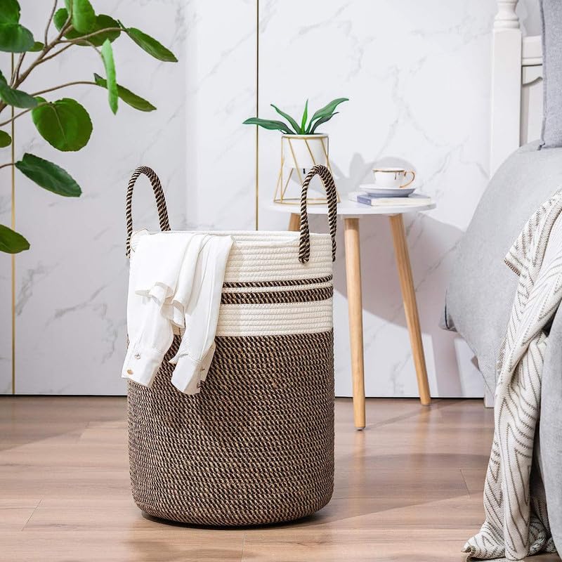 Image of Storage Cotton Rope Basket and Laundry Hamper for Dirty Clothes, Towels, Blankets, Pillows Storage in Living Room, Laundry Room and Bedroom (Camel Mix, 15x18 Inch)