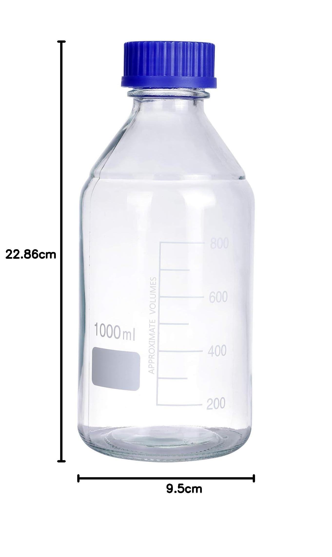 Pyrex - Paquete de 4 botellas de vidrio redondas graduadas de 1000 ml con tapón de rosca de polipropileno azul GL45