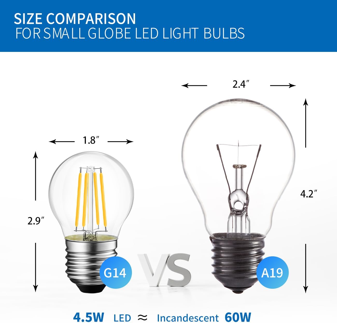 ANWIO Clear G14 LED Light Bulb Filament Bulb Dimmable Small Globe Round Light Bulb 4.5W(60W Equivalent) Warm White 2700K 500lumen LED Bulb E26 Base Lightbulb, Chandeliers Edison Light Bulb, 6 Pack