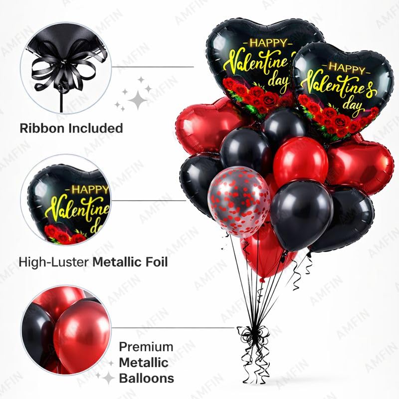 Image of AMFIN (Pack of 14) Happy Valentine's Day Balloon Decoration Set | Romantic Heart Foil Bouquet Metallic Helium Bunch Proposal Anniversary Celebration Party Decor - Red Black