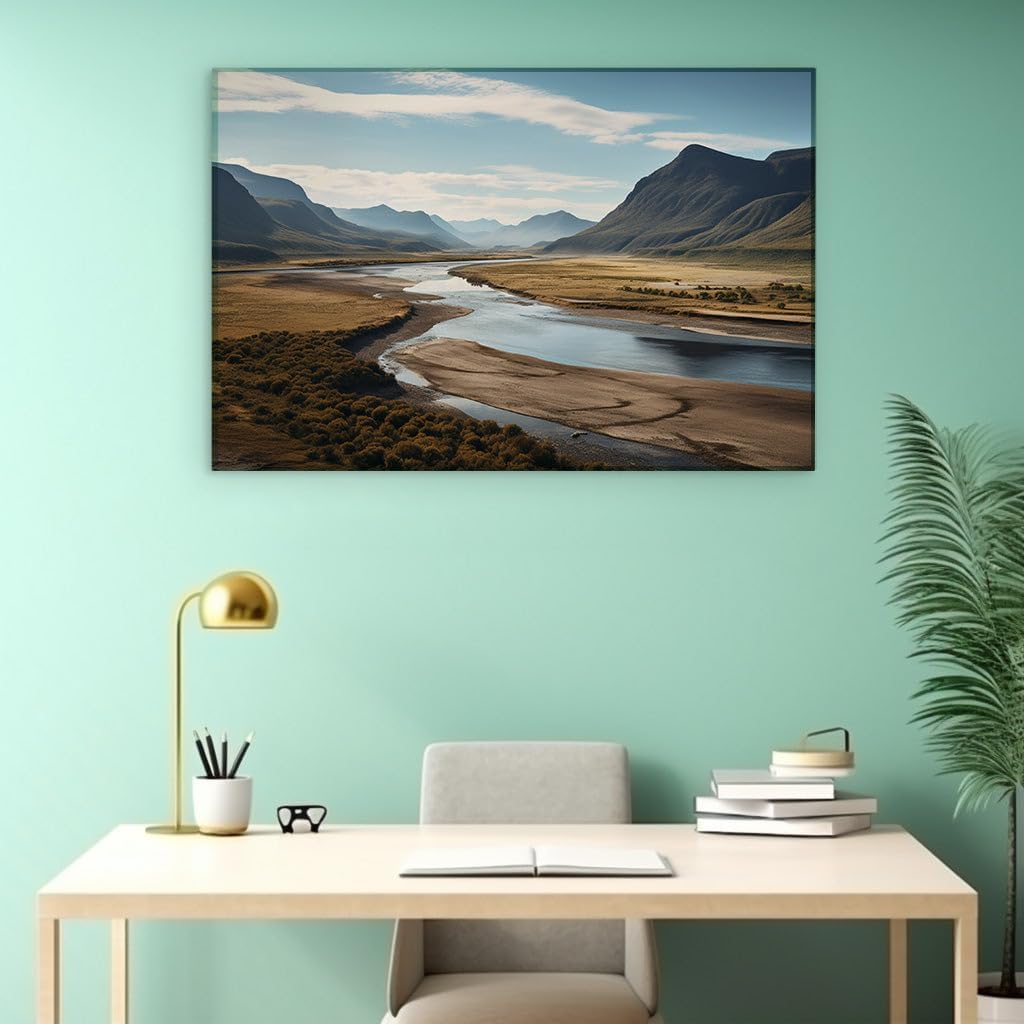 Canvas for Living room. Tranquil River Escape: Serenity Between the Summits, 27 x 18 inch Canvas Wall Art - Ready to Hang
