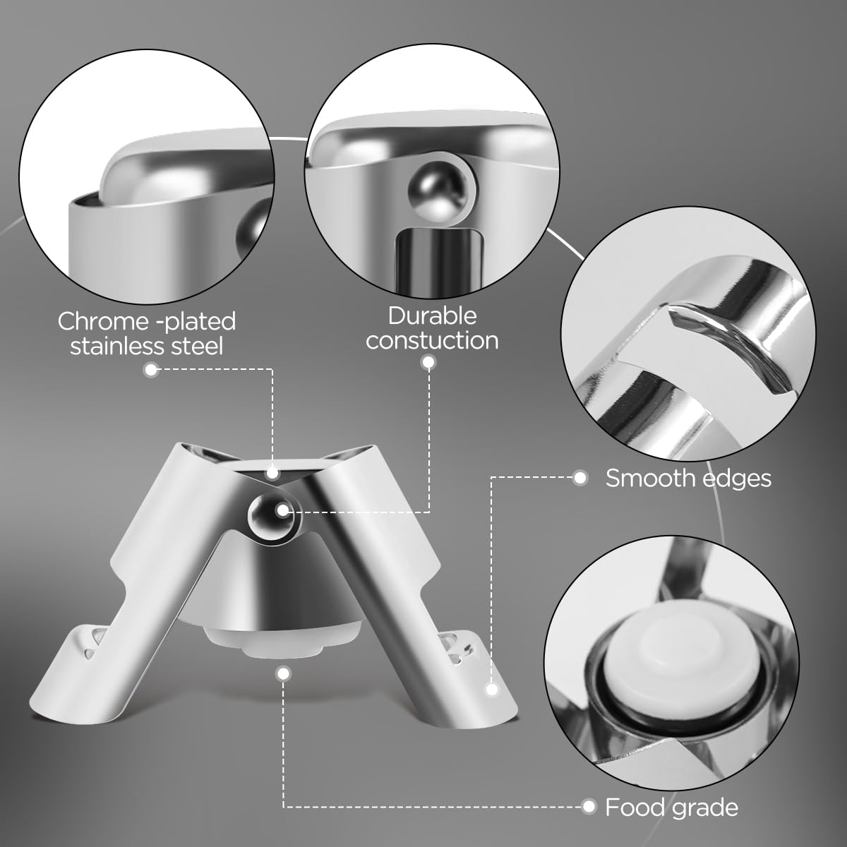 Lot de 2 bouchons de bouteille de champagne, bouchons de bouteille de champagne, bouchons de bouteille de vin pétillant, bouchon anti-fuite en acier inoxydable et joint en silicone (argenté)