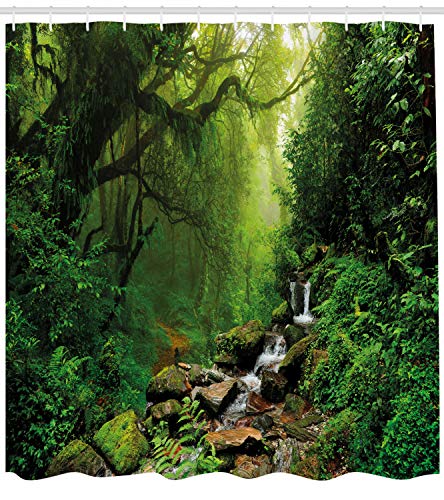 ABAKUHAUS Nature Shower Curtain, Woods Idyllic Forest Greenland Dreamy Mystic Fresh Tropical View - Image 2
