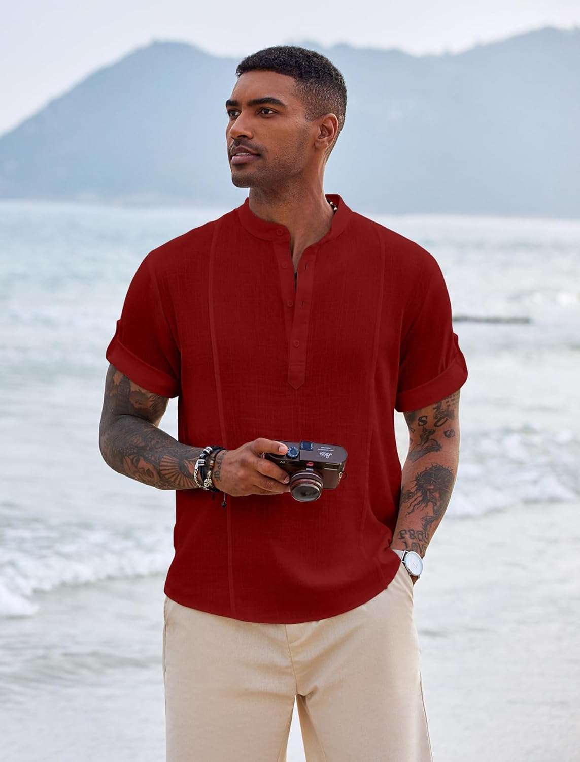 COOFANDY Men's Henley T-Shirts Short Sleeve Casual Button Henley Shirts Band Collar Tee Summer Beach Hippie Shirts - Image 4