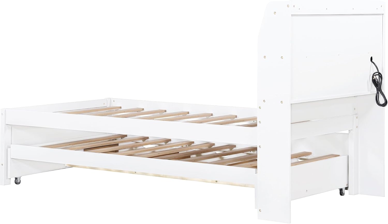 Merax Twin Size Bed Frame with Flip-Up Storage Headboard, White Twin Bed with 3 Drawers and Trundle, Wooden Bed Frame Twin a Set of Sockets & USB Ports, No Box Spring Needed