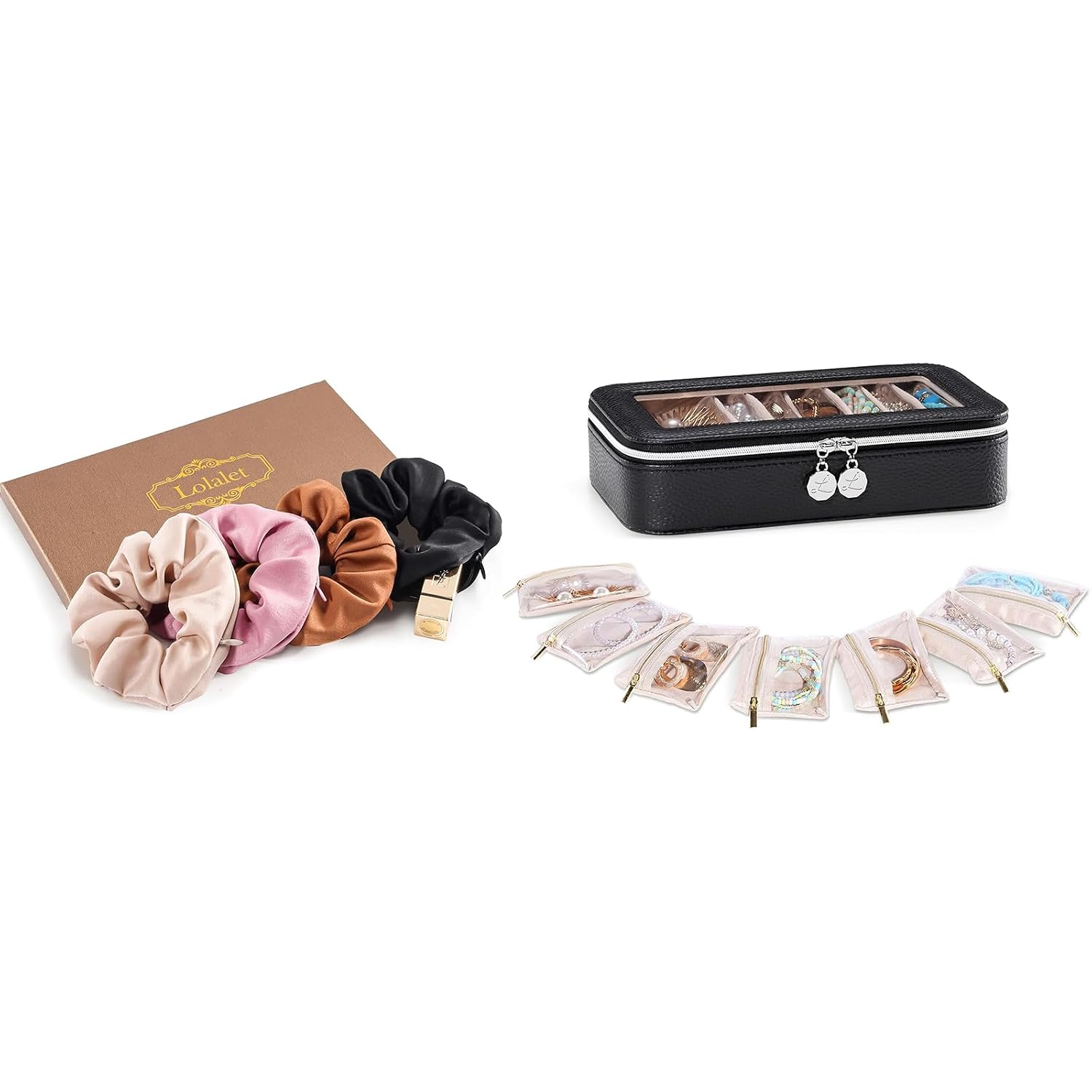 Lolalet Hair Scrunchies Bundle with 8 in 1 Travel Jewelry Case