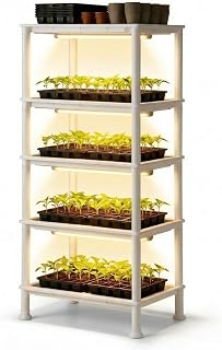 RooTrimmer 5-Tier Seed Starter Plant Stand with LED Grow Light Auto-Timer & Bottom Watering - Indoor Greenhouse for Seedlings & Small Pots, White